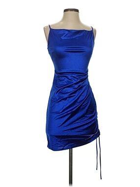 Honey and Rosie | Dresses | Spaghetti Strap Vneck Ruched Blue Satin Bodycon  Dress Size Large | Poshmark
